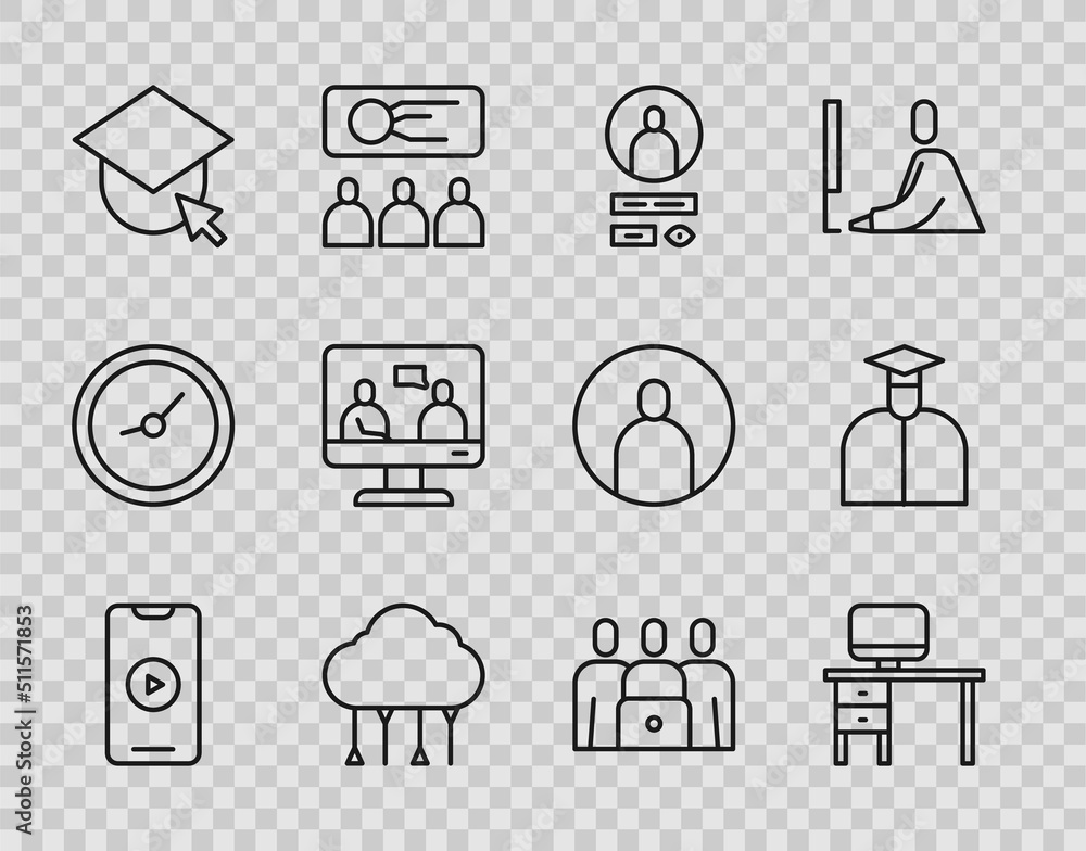 Poster set line online play video, computer monitor and desk, create account screen, network cloud connecti