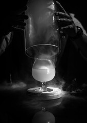 Delicious cocktail with alcohol served with garnish prepared by the bartender in the cocktail bar in dark colors