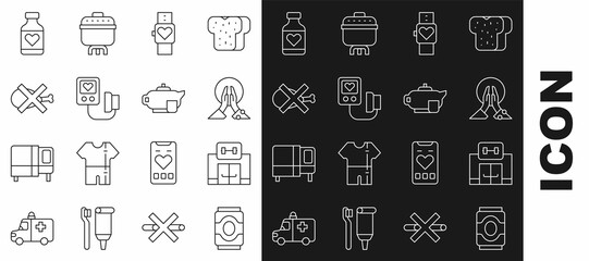 Set line Soda can, Gym building, Meditation, Smart watch, Blood pressure, No meat, Vitamin pill and Teapot with cup icon. Vector