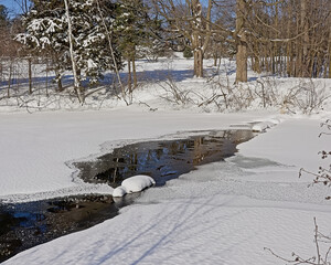 Creek through the Winter forest in Mont Saint Bruno national park, Quebec