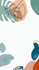 set of abstract backgrounds with copy space - bright vibrant banners, posters, cover design templates, social media stories wallpapers with tropical leaves in minimal simple style.