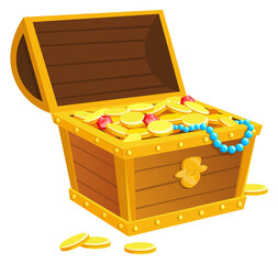 Open wooden chest full of gold. Jackpot icon. Game trophy