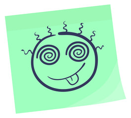 Crazy face on green sticky note. Funny sketch adhesive sticker