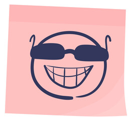 Cool face sketch on color sticker. Sunglasses emoji drawing