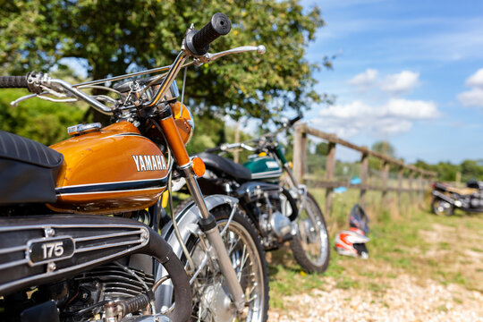 Woodbridge Suffolk UK August 14 2021: A classic 1973 Yamaha DT175 motorbike on display at a bikers meet