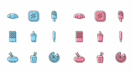 Set line Rice in a bowl with chopstick, Asian noodles and chopsticks, Croissant, Pizza, Paper glass straw, Lollipop, Chocolate bar and Steak meat icon. Vector