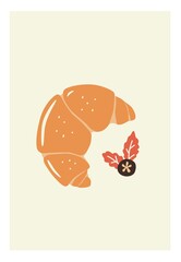 Croissant with berry. Vector hand drawn poster. Cafe decoration.