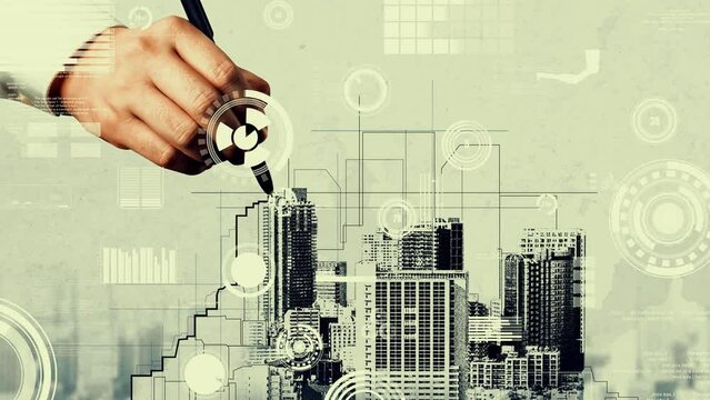 City civil planning and inventive real estate development . Architect people looking at abstract city sketch drawing to design creative future city building. Architecture dream and ambition concept.