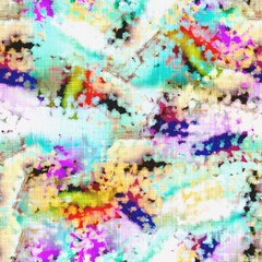 Messy summer tie dye batik beach wear pattern. Seamless colorful stain space dyed effect fashion. Washed out soft furnishing background.