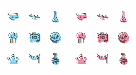 Set line Jester hat with bells, Festive mask, Cannon, Unicycle or one wheel bicycle, Circus wagon, Clown head, Balloons ribbon and Seesaw icon. Vector © Oksana