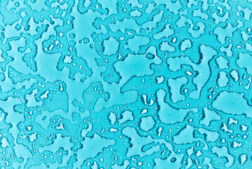 Water drops condensate on blue background texture on transparent glass. backdrop glass covered with abstract drops of water.Selective focus.