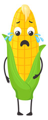 Crying corn character. Cartoon corncob with sad face expresion