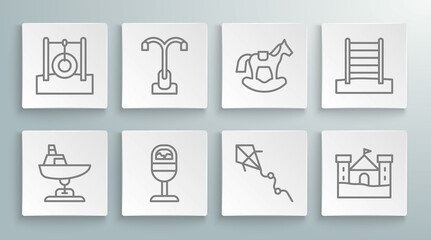 Set line Swing boat, Street light, Trash can, Kite, Sand castle, Horse saddle swing, Swedish wall and Car tire hanging on rope icon. Vector