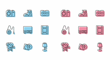 Set line Retro cinema camera, Vinyl disk, Photo, Floor lamp, Old video cassette player, Play Video, Yoyo toy and Sport sneakers icon. Vector
