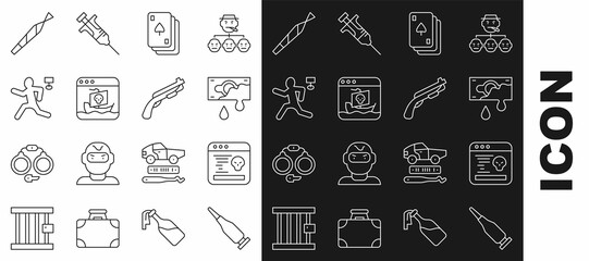 Set line Bullet, System bug, Bloody money, Playing cards, Internet piracy, Murder, Marijuana joint and Police shotgun icon. Vector