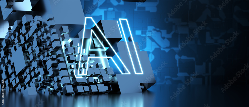 Poster ai artificial intelligence concept. deep learning. ai inscription on a technological background. 3d 