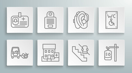 Set line Disabled car, Intercom, Medical hospital building, elevator, IV bag, Hearing aid, Separated toilet for disabled and Identification badge icon. Vector