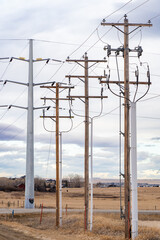 A group of power poles with transmission lines standing tall along a roadway in Rocky View County...
