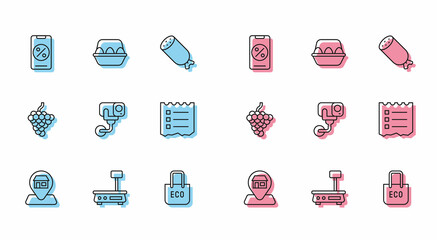Set line Location Market store, Electronic scales, Percent discount and mobile, Shopping bag with recycle, Security camera, list, Grape fruit and Chicken egg box icon. Vector