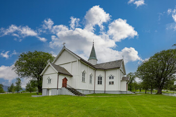 Fototapeta na wymiar Leirfjord church is a cruciform church from 1867 in Leirfjord municipality, Northern Norway- Europe 