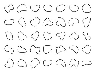 Blob round line shapes set. Abstract liquid black linear elements collection. Inkblot outline symbols group. Random circular fluid geometric forms. Vector illustration isolated on white.