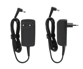 laptop power adapter, laptop spare part, on white background, top view