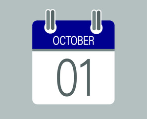 Day 1 october. Blue calendar for days of the month in october. Calendar page template.