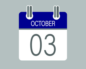 Day 3 october. Blue calendar for days of the month in october. Calendar page template.