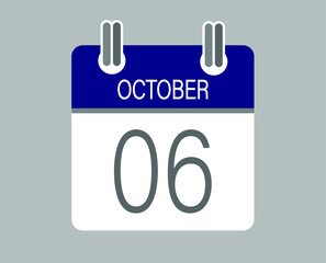 Day 6 october. Blue calendar for days of the month in october. Calendar page template.