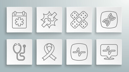 Set line Stethoscope, Joint pain, knee pain, Awareness ribbon, Heart rate, Crossed bandage plaster, DNA symbol and Doctor appointment icon. Vector