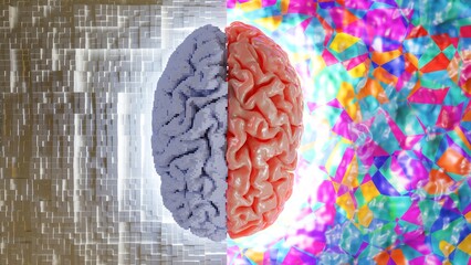 A 3D illustration of a brain that is half digital and half analog 