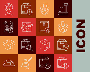 Set line Carton cardboard box, Location with, Unboxing, Plane and, Cardboard calendar, and Delete envelope icon. Vector