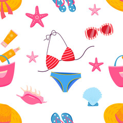 Fototapeta na wymiar Beachwear seamless pattern. Funny cute cartoon summer background. Swimsuit, flip flops, beach bag, glasses, spf cream, straw hat, shells pattern. Bright, summer pattern.