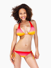 Portrait of a happy woman in bikini standing and smiling. Portrait of a happy woman in bikini...