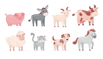 Cute farm animals in cartoon style. Collection of funny farm animals: cow, sheep, goat, donkey, horse, pig, cat, dog. Set of isolated vector flat illustrations on white background.