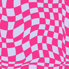 Seamless pattern with cyber distorted shape, checkered pattern. Wave geometry shape in retro trippy 60s, 70s style. Vector illustration background.