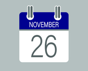 Day 26 november. Blue calendar for days of the month in november. Calendar page template.