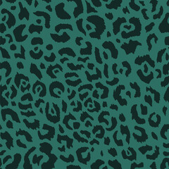 Abstract animal leopard seamless pattern design. Green camouflage background. T shirt textile graphic design, wallpaper, wrapping paper..Vector hand drawn illustration.
