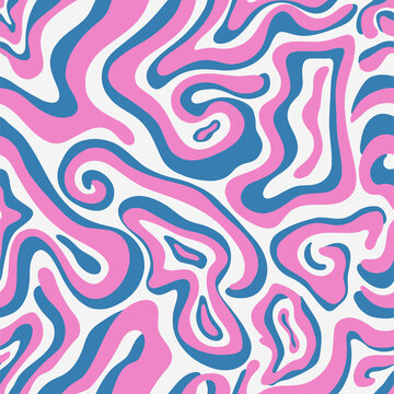 Groovy seamless pattern with animal print. Pattern for fabric with zebra, tiger texture. Vector background in retro trippy style. Hippie 60s, 70s style.