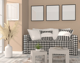 mock up 4 frames on the wall in modern living room, 3D rendering, 3D illustration
