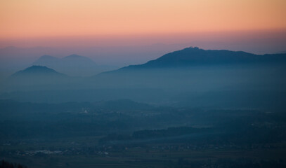 Mystical sunrise in the hills and mountains