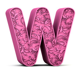 3d floral alphabet W isolated on white background. 3d illustration.