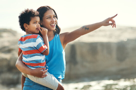 Do you see that whale over there. Shot of a young mother holding her son at the beach pointing at the view.