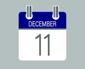Day 11 december. Blue calendar for days of the month in december. Calendar page template.