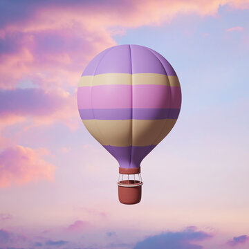 Purple pink hot air balloon against sunset sky, aesthetic art collage, 3d rendering