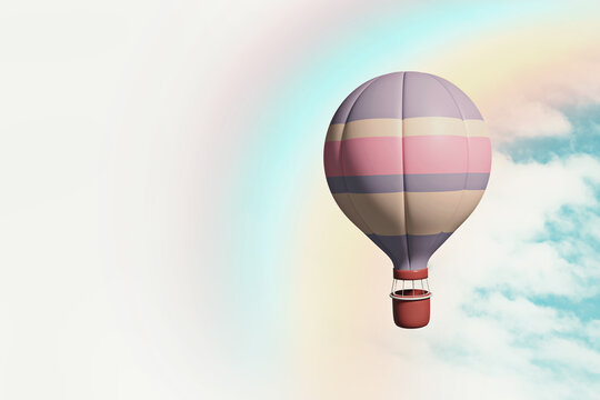 Hot air balloon on the background of the sky and rainbow, colorful, baner