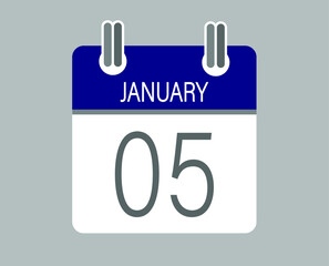 Day 5 january. Blue calendar for days of the month in january. Calendar page template.