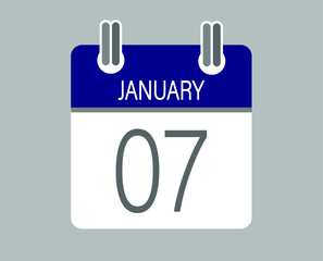 Day 7 january. Blue calendar for days of the month in january. Calendar page template.