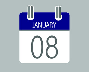 Day 8 january. Blue calendar for days of the month in january. Calendar page template.