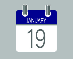 Day 19 january. Blue calendar for days of the month in january. Calendar page template.